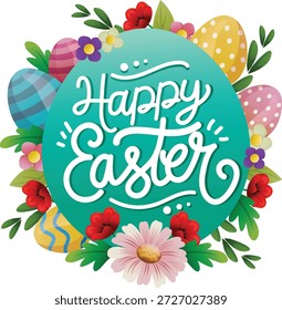 happy easter with spring flower and hunt eggs