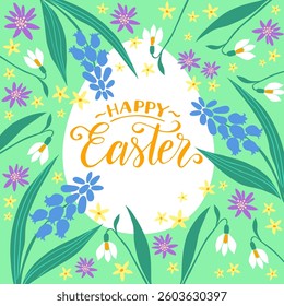 Happy Easter, spring flowers, easter egg, hand writtwen lettering, vector holiday illustration. 