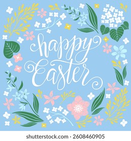 Happy Easter, spring flowers, easter egg, hand writtwen lettering, vector holiday illustration. 