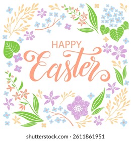 Happy Easter, spring flowers, easter egg, hand writtwen lettering, vector holiday illustration. 