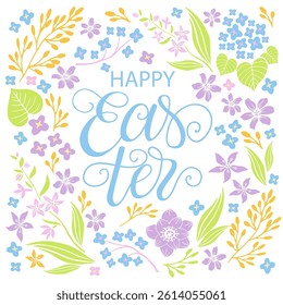 Happy Easter, spring flowers, easter egg, hand writtwen lettering, vector holiday illustration. 