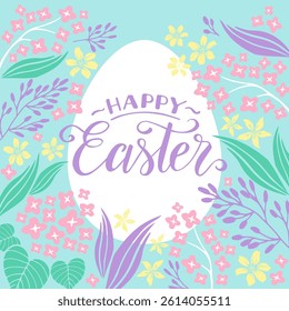 Happy Easter, spring flowers, easter egg, hand writtwen lettering, vector vintage holiday illustration in pastel colors. 