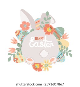 Happy easter. Spring flowers with the easter eggs and rabbit rear view on white background. Can be add text. Design for banner, poster, postcard. EPS10.