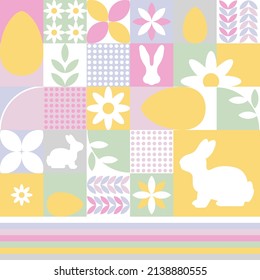 Happy easter spring folk mosaic card with rabbit, eggs and flowers. Vector illustration in pastel colors.