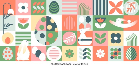Happy easter spring geometric mosaic card with rabbit, eggs and flowers. Vector illustration in pastel colors