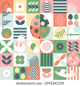 Happy easter spring geometric mosaic card with rabbit, eggs and flowers. Vector illustration in pastel colors