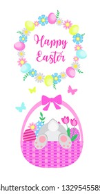 Happy easter spring greeting card with painted eggs, cute rabbit, flowers and butterflies. Vector illustration
