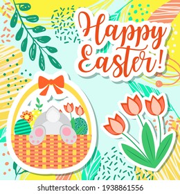 Happy easter spring greeting card.  basket with funny bunny and Easter eggs. Vector illustration