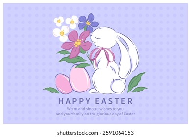 Happy Easter. Spring hand drawn flowers, eggs and bunny. Vector illustration for card, poster, holiday banner. 