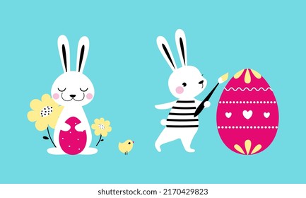 Frohe Ostern Frühlingsferien. Adorable kleine weiße Osterbuntchen mit Malereien mit Pinselcartoon, Vektorgrafik