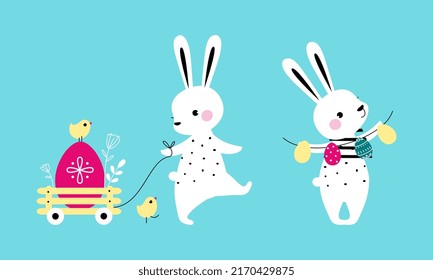 Happy Easter spring holiday. Adorable little white Easter bunnies with painted eggs cartoon vector illustration
