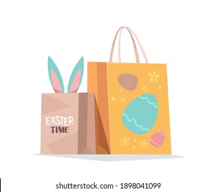 happy easter spring holiday celebration greeting card poster with decorated shopping bags horizontal vector illustration