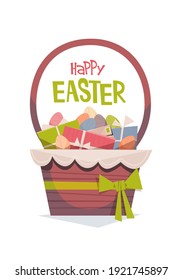 happy easter spring holiday celebration greeting card with decorated colorful eggs and gifts in basket vertical vector illustration