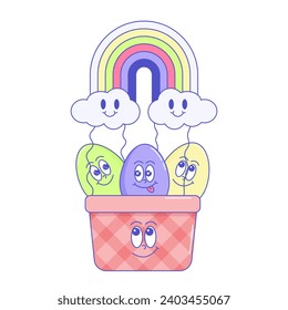 Happy Easter, spring holiday concept. Retro groovy cartoon character Eggs, rabbit ears and elements. Vintage funky mascot patch psychedelic smile and emotion. Comic trendy set stickers. Vector illustr