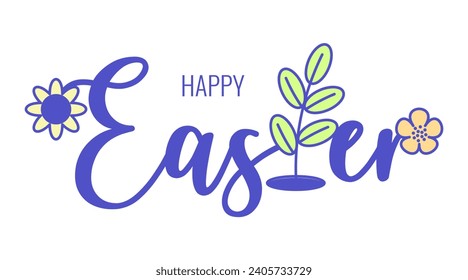 Happy Easter, spring holiday concept. Retro groovy cartoon lettering with element. Vintage funky mascot patch psychedelic smile emotion. Comic trendy sticker. Vector illustration 60s 70s 90s style
