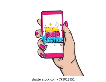 Happy Easter spring holiday. Cute bunny rabbit ears. Comic text pop art. Vector halftone background illustration. Woman hold hand touch screen smartphone. Advertisement poster banner.