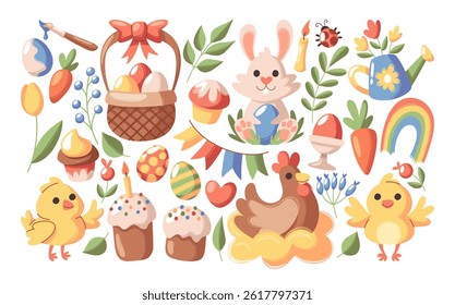 Happy Easter spring holiday decoration symbols, traditional food snacks, natural design elements set