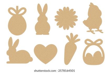 Happy Easter spring holiday design elements silhouette, gifts tag templates in craft paper style. Isolated set of cute cardboard art ornaments for celebration springtime party vector illustration