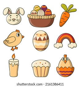 Happy easter in spring holiday. Easter eggs in the nest set. Decorated colorful egg. Painted eggs for hunt. Vector illustration.