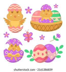 Happy easter in spring holiday. Easter eggs in the nest set. Decorated colorful egg. Painted eggs for hunt. Vector illustration.