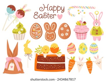 Happy Easter spring holiday party design elements and festive treats isolated set vector illustration. Candy, cupcakes, cookies, painted eggs, cake pie piece and sweets in sack for hunting event