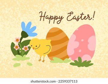 Happy Easter, spring holiday postcard design. Cute adorable chicken, festive dyed eggs, flowers on religious greeting post card background. Kids childish flat vector illustration