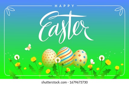 Feliz Pascua. Afiche de vacaciones de primavera, pancarta, volante, tarjeta. Vector de plantilla Ilustración con huevos pintados y flores sobre fondo verde natural. Inscripción de escritura a mano Pascua.