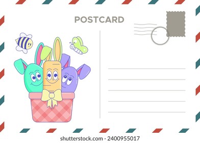 Happy Easter, spring holiday. Retro groovy cartoon characters and elements. Vintage funky mascot postcard psychedelic smile and emotion. Comic trendy Vector illustration 60s 70s 90s style