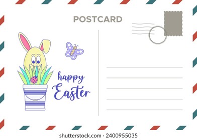 Happy Easter, spring holiday. Retro groovy cartoon characters and elements. Vintage funky mascot postcard psychedelic smile and emotion. Comic trendy Vector illustration 60s 70s 90s style