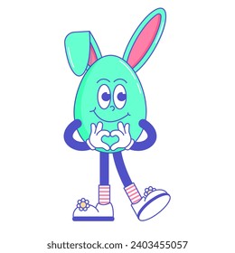 Happy Easter, spring holiday. Retro groovy cartoon character Egg with bunny ears. Vintage funky mascot patch psychedelic smile and emotion. Comic trendy stickers. Vector illustration 60s 70s 90s style
