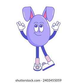 Happy Easter, spring holiday. Retro groovy cartoon character Egg with bunny ears. Vintage funky mascot patch psychedelic smile and emotion. Comic trendy stickers. Vector illustration 60s 70s 90s style