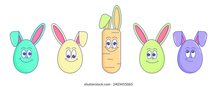 Happy Easter, spring holiday. Retro groovy cartoon character Egg, Carrot with bunny ears. Vintage funky mascot patch psychedelic smile, emotion. Comic trendy stickers. Vector illustration  90s style