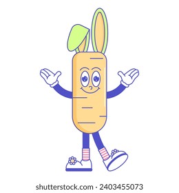 Happy Easter, spring holiday. Retro groovy cartoon character Carrot with bunny ears. Vintage funky mascot patch psychedelic smile, emotion. Comic trendy stickers. Vector illustration 60s 70s 90s style