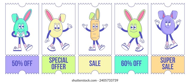 Happy Easter, spring holiday. Retro groovy cartoon character Eggs, Rabbit with bunny ears in different poses. Comic trendy coupon promotion set, discount banner, gift voucher. Vector illustration