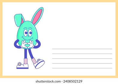 Happy Easter, spring holiday. Retro groovy cartoon characters and elements. Vintage funky mascot blank postcard psychedelic smile and emotion. Comic trendy Vector illustration 60s 70s 90s style