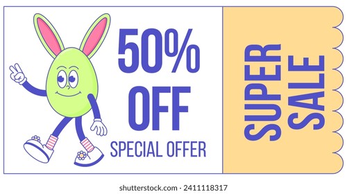 Happy Easter, spring holiday. Retro groovy cartoon character with rabbit ears. Comic trendy coupon promotion set, discount banner, gift voucher. Vector illustration 60s 70s 90s style