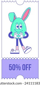 Happy Easter, spring holiday. Retro groovy cartoon character with rabbit ears. Comic trendy coupon promotion set, discount banner, gift voucher. Vector illustration 60s 70s 90s style