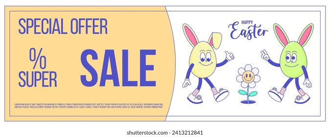 Happy Easter, spring holiday. Retro groovy cartoon character and elements. Comic trendy coupon promotion set, discount banner, gift voucher. Vector illustration 60s 70s 90s style