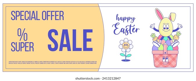 Happy Easter, spring holiday. Retro groovy cartoon character and elements. Comic trendy coupon promotion set, discount banner, gift voucher. Vector illustration 60s 70s 90s style