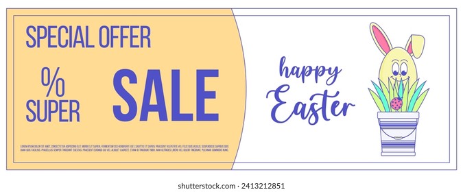 Happy Easter, spring holiday. Retro groovy cartoon character and elements. Comic trendy coupon promotion set, discount banner, gift voucher. Vector illustration 60s 70s 90s style