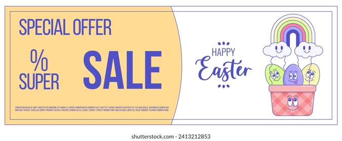 Feliz Pascua, vacaciones de primavera. Caricatura retro groovy y elementos. Juego de promoción de cupones de moda para historietas, banner de descuento, cupón de regalo. Ilustración vectorial estilo de los años 60 y 70