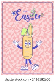 Feliz Pascua, vacaciones de primavera. Personajes y elementos de dibujos animados retro groovy. Afiche de mascota humorística de la época sonrisa psicodélica y emoción. Tarjeta de moda cómica. Ilustración vectorial estilo de los años 60 y 70