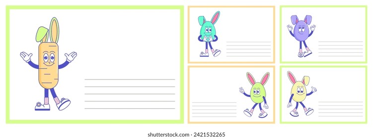 Happy Easter, spring holiday. Retro groovy cartoon characters and elements. Vintage funky mascot set blank postcards psychedelic smile and emotion. Comic trendy Vector illustration 60s 70s 90s style
