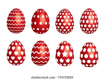 Happy Easter! Spring holiday set with colorful painted eggs. Vector illustration background. Traditional orthodox christian celebration food. Isolated red objects with different textures.
