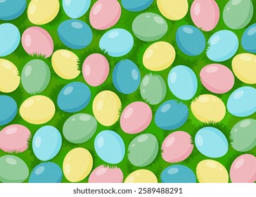 Happy Easter spring holiday wallpaper, background. Colorful Easter eggs in grass, top view vector illustration.