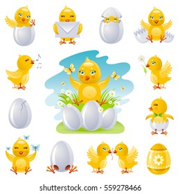 Happy Easter spring icon set. Cute carttoon holiday icons. Modern vector illustration. Chicken, egg, flowers, chick, butterflies