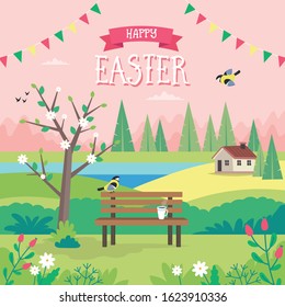Happy Easter, spring landscape with bench, houses, fields and nature. Greeting card design. Cute vector illustration in flat style