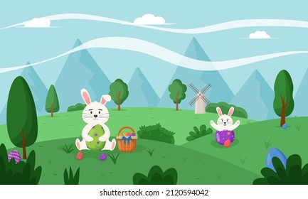 Happy Easter, spring landscape with cute Easter bunny. Happy easter eggs. Happy Easter banners, greeting cards, posters, holiday covers.