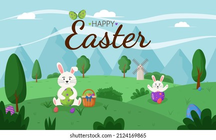 Happy Easter, spring landscape with cute Easter bunny. Happy easter eggs. Happy Easter banners, greeting cards, posters, holiday covers.