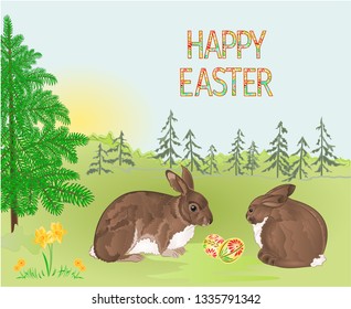 Happy easter spring landscape forest Easter  rabbits  and easter eggs in the grass with flowers vintage vector illustration editable hand draw